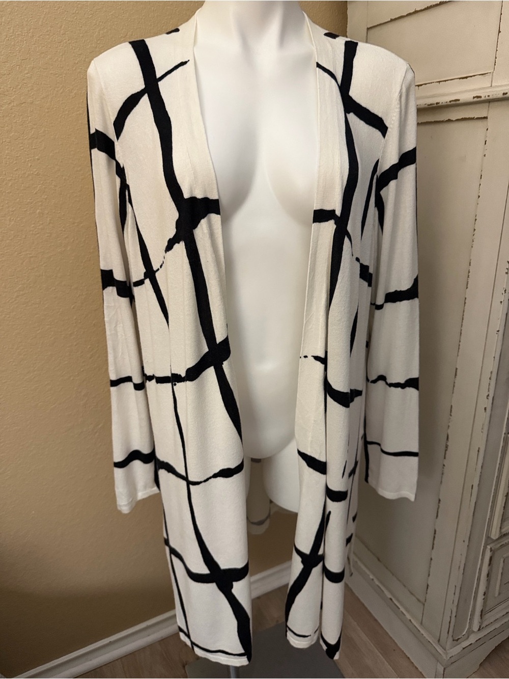 Chico's White and Black Open-Front Grid Print Cardigan